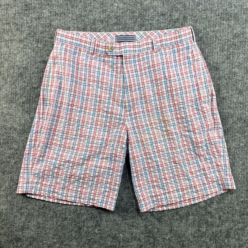 Peter Millar Shorts Men 32 Seersucker Blue Pink White Plaid Southern Beach